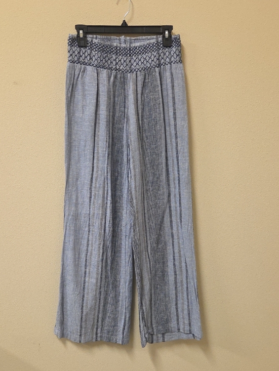 Indigo Rein Pants - Striped Linen Women Smocked-Waist Wide Leg Pants Blue Gray Stripe Size M